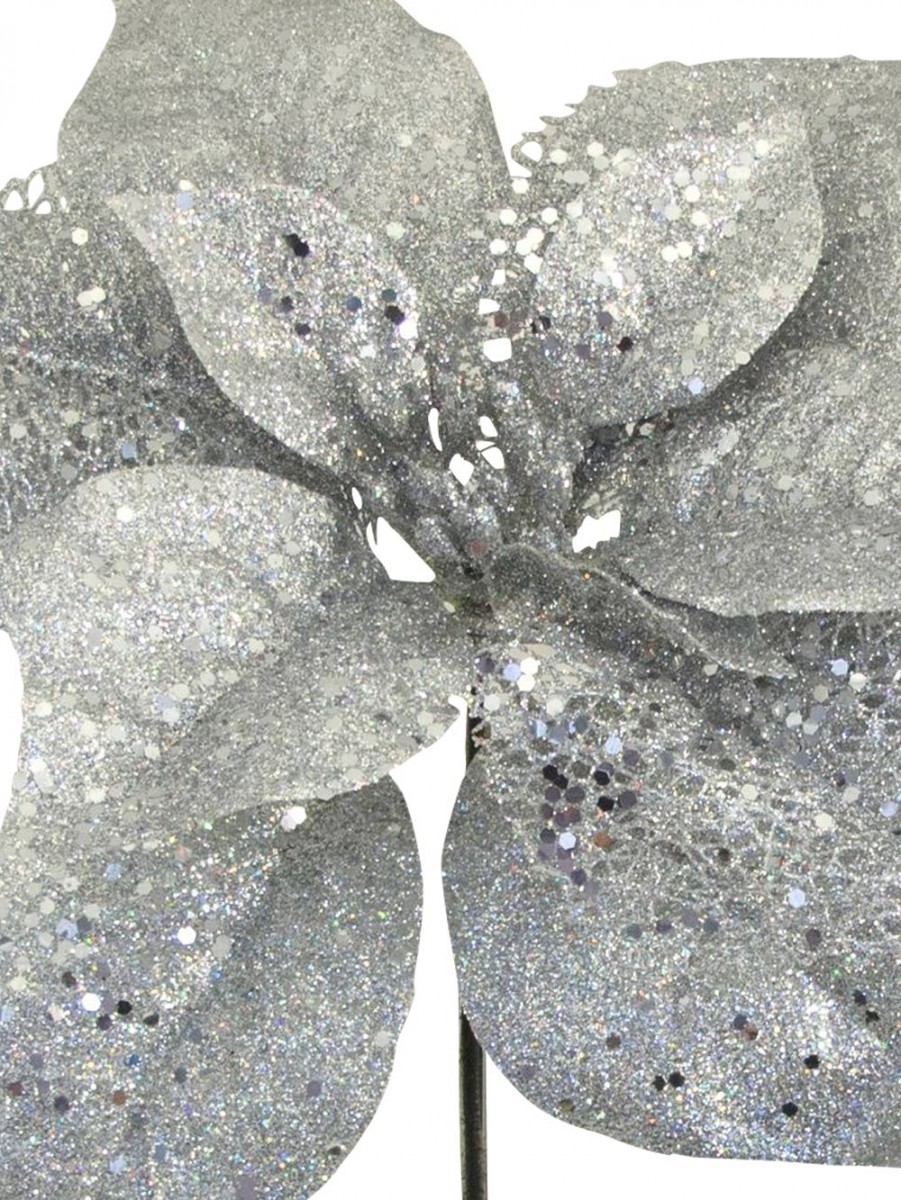 Silver Sequin & Glitter Poinsettia Decorative Christmas Flower Pick