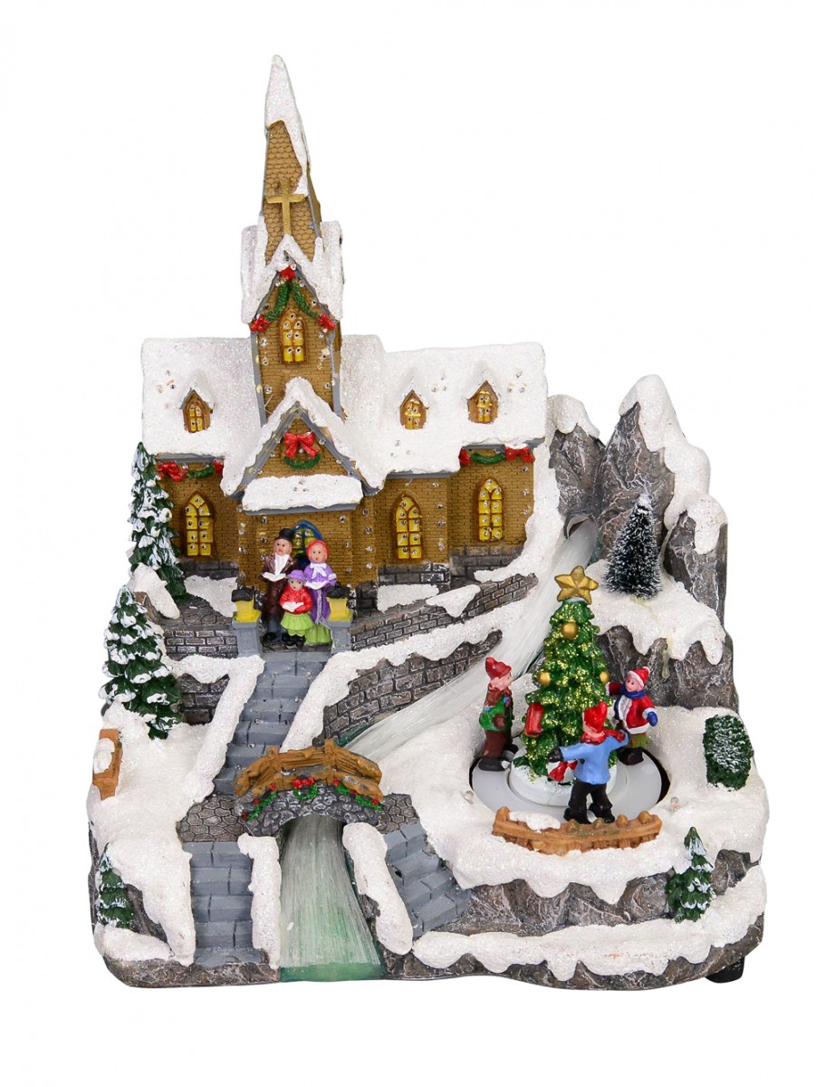 Snow Capped Church Village Scene With Moving Children & Led Lights - 25cm |  Product Archive | Buy online from The Christmas Warehouse