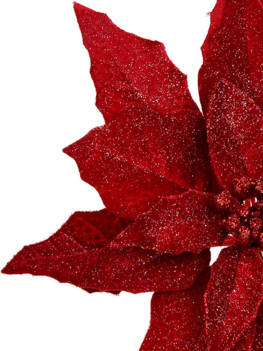 Deep Red Glittered Velvet Decorative Poinsettia Floral Pick - 28cm