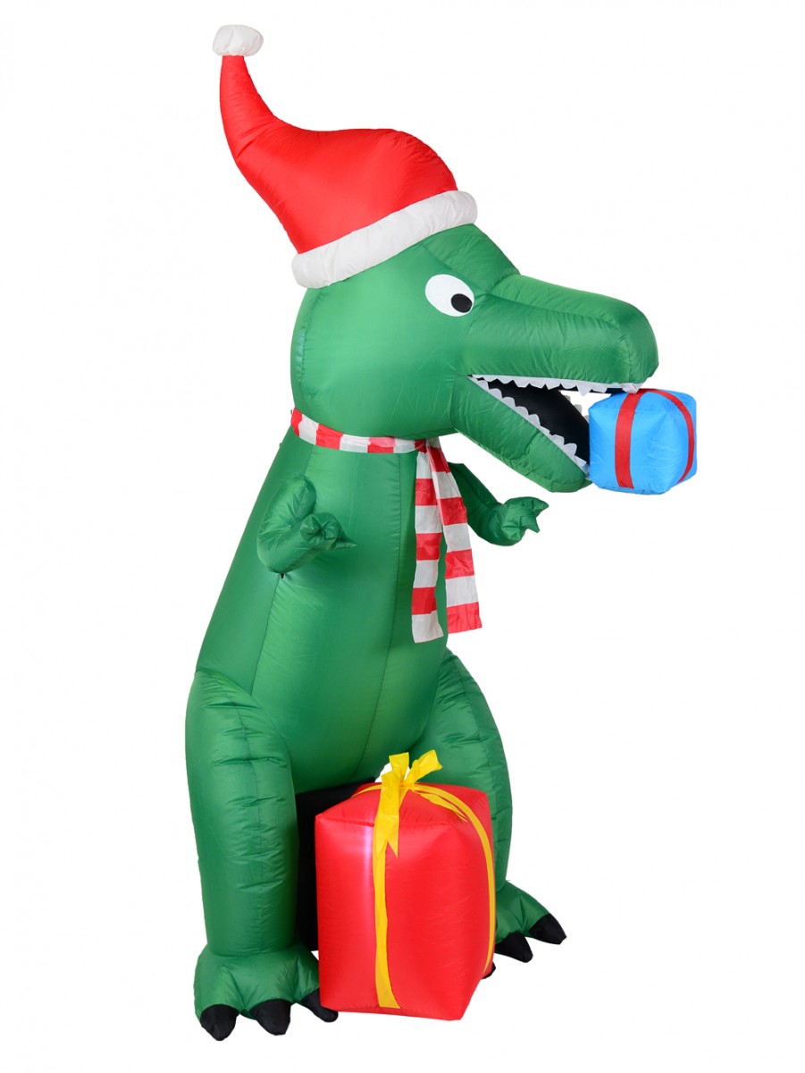 Green T-rex Dinosaur Inflatable With Santa Hat & Gifts - 2.1m