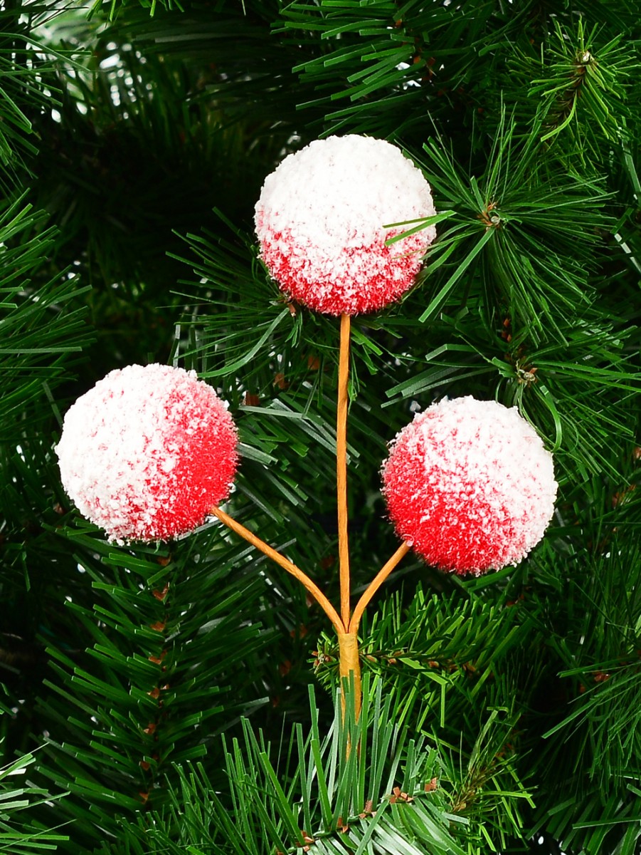 Red With White Frost Pom Pom Snowballs Christmas Spray Clip Pick - 24cm ...