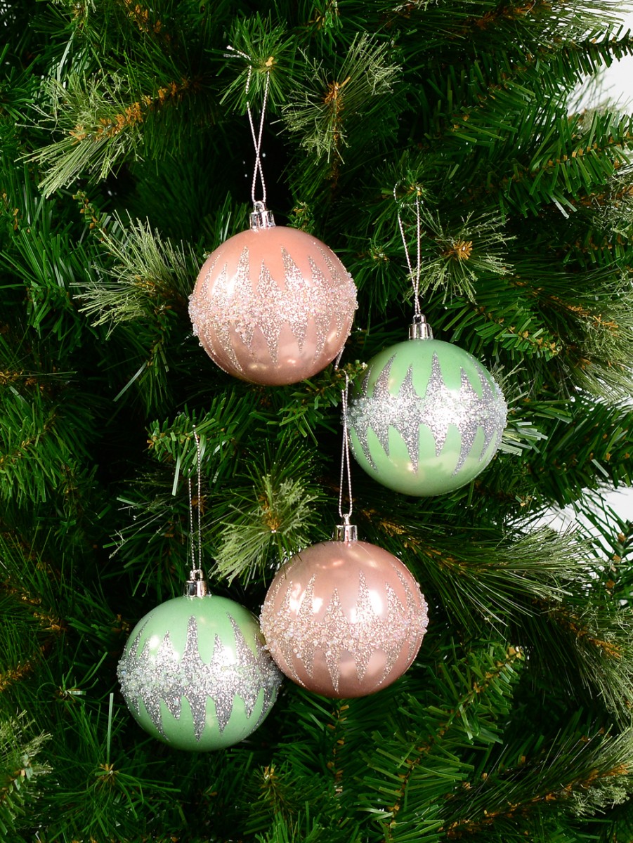 Pink & Mint Green Baubles With Silver Glitter & Frost Bits - 4 X 80mm ...