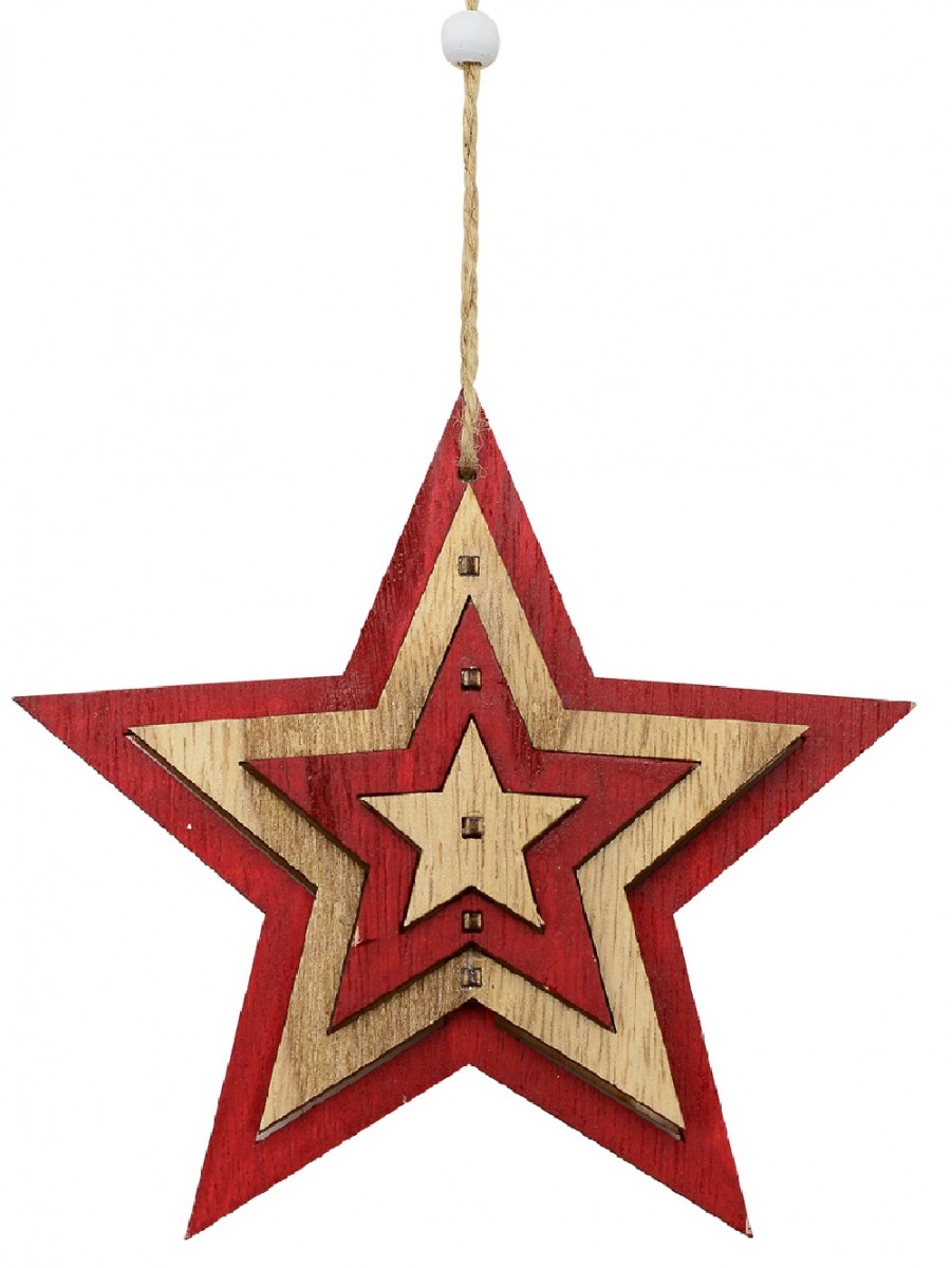Natural & Red Layered Wood Star Christmas Tree Hanging Decoration