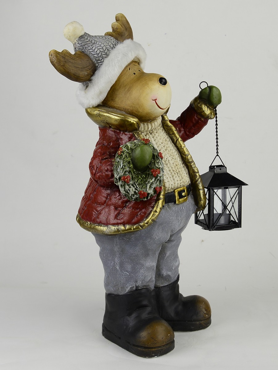 Country Resin Reindeer Holding Wreath & Lantern - 47cm 