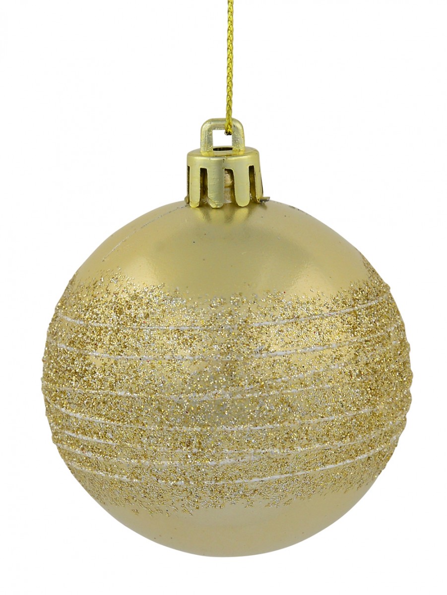 Gold & Champagne Pearl Baubles With Gold Glitter & White Stripes 12 X