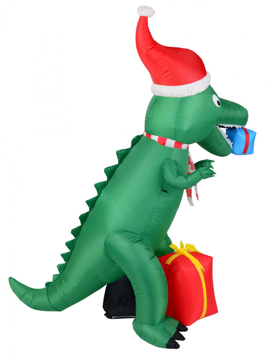 Green T-rex Dinosaur Inflatable With Santa Hat & Gifts - 2.1m