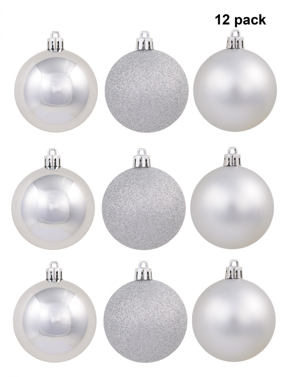 Silver Matte, Glitter & Shiny Baubles - 12 X 60mm | Christmas ...