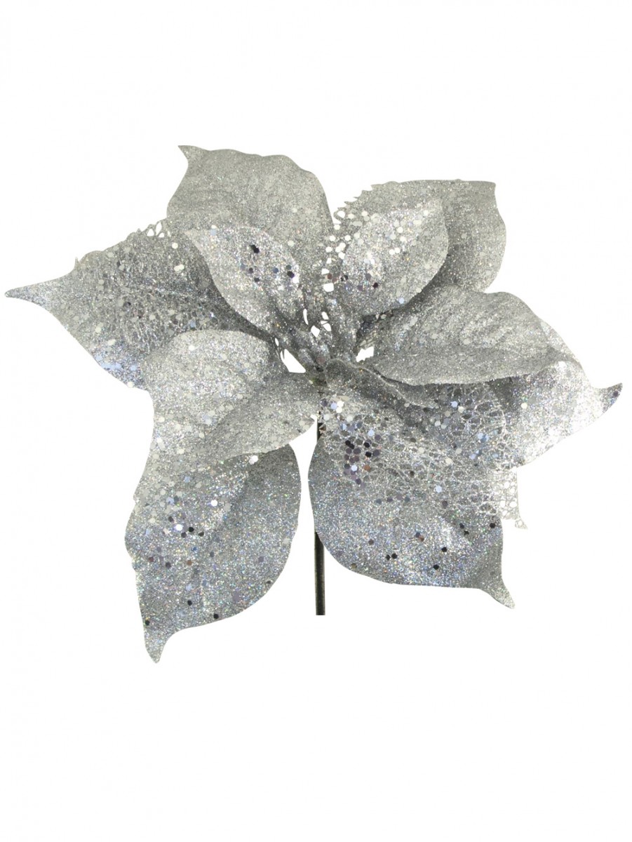 Silver Sequin & Glitter Poinsettia Decorative Christmas Flower Pick