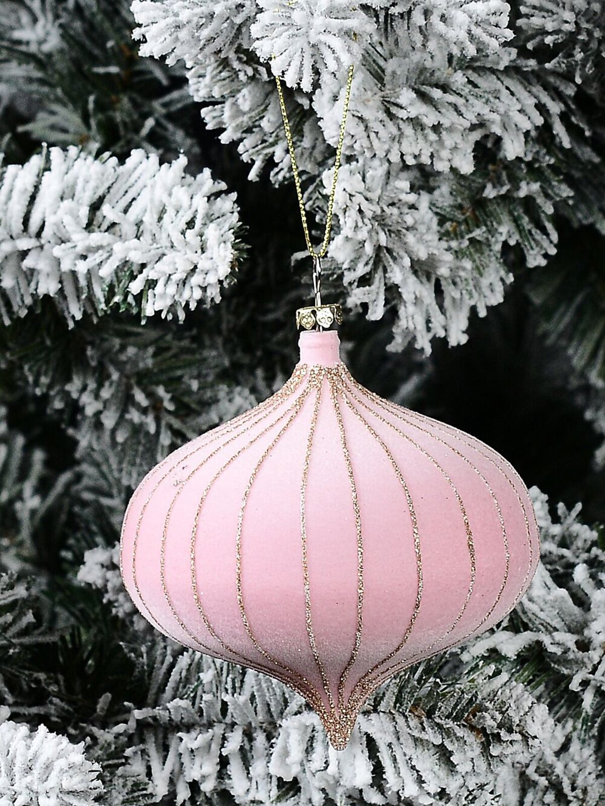 10cm Pale Pink Flocked Christmas Onion Bauble — image 2