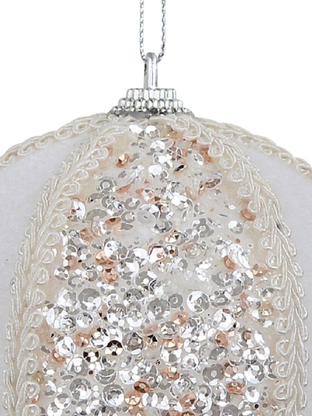 11cm White Sequin & Velvet Christmas Ball Bauble — image 3