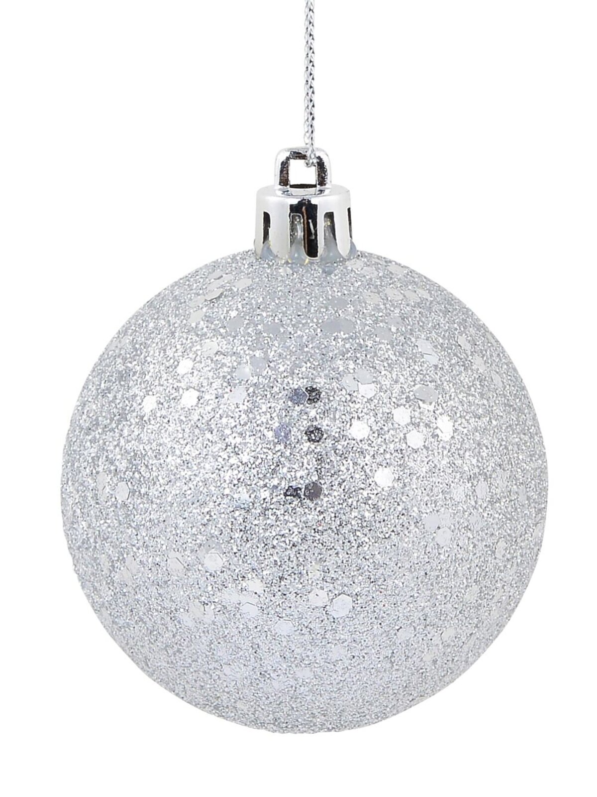 12 x 60mm Silver Metallic Sequins & Glitter Coated Christmas Baubles — image 3