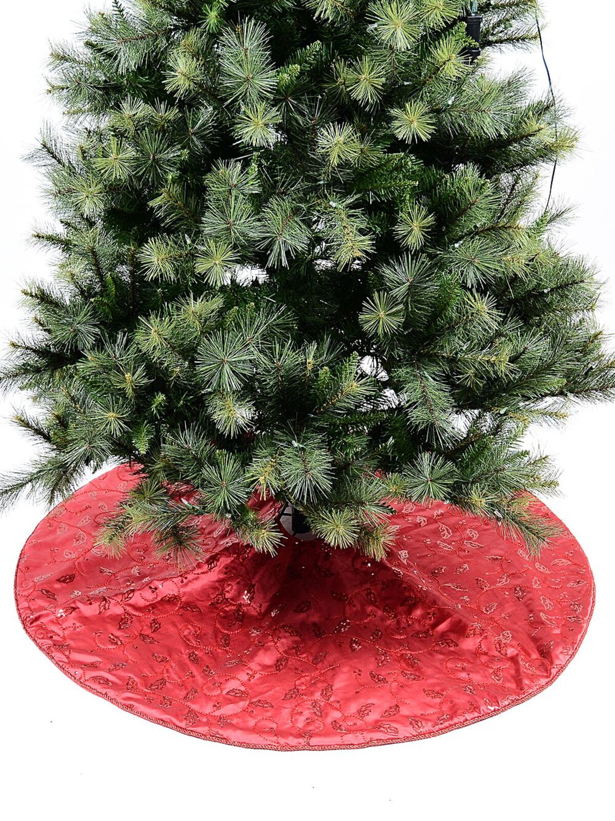 1.2m Red Sequin, Bead Holly Leaf & Berry Vine Pattern Christmas Tree Skirt