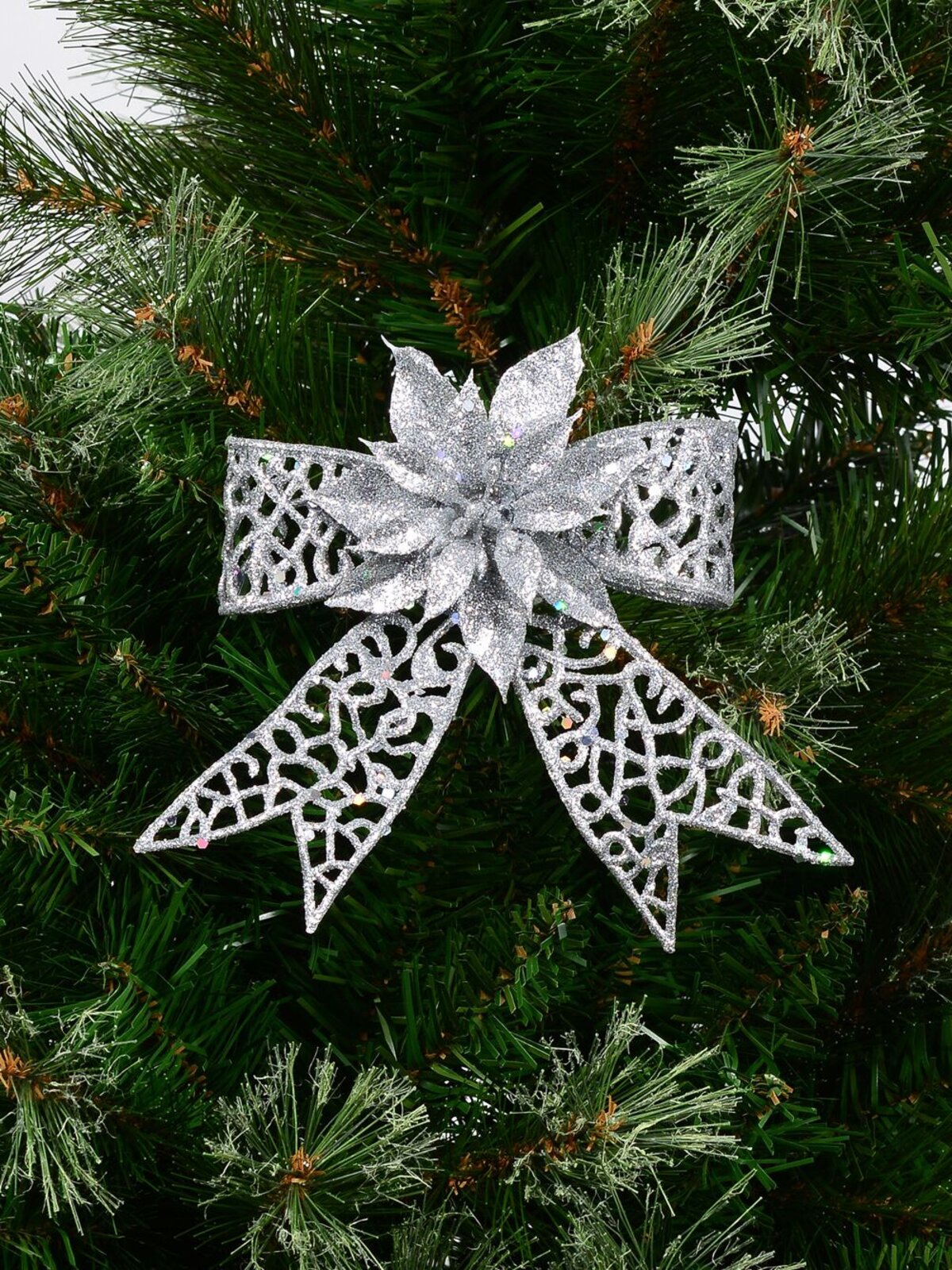 Silver Mesh Poinsettia Flower & Ribbon Christmas Bow Clip Pick | 13cm — image 2