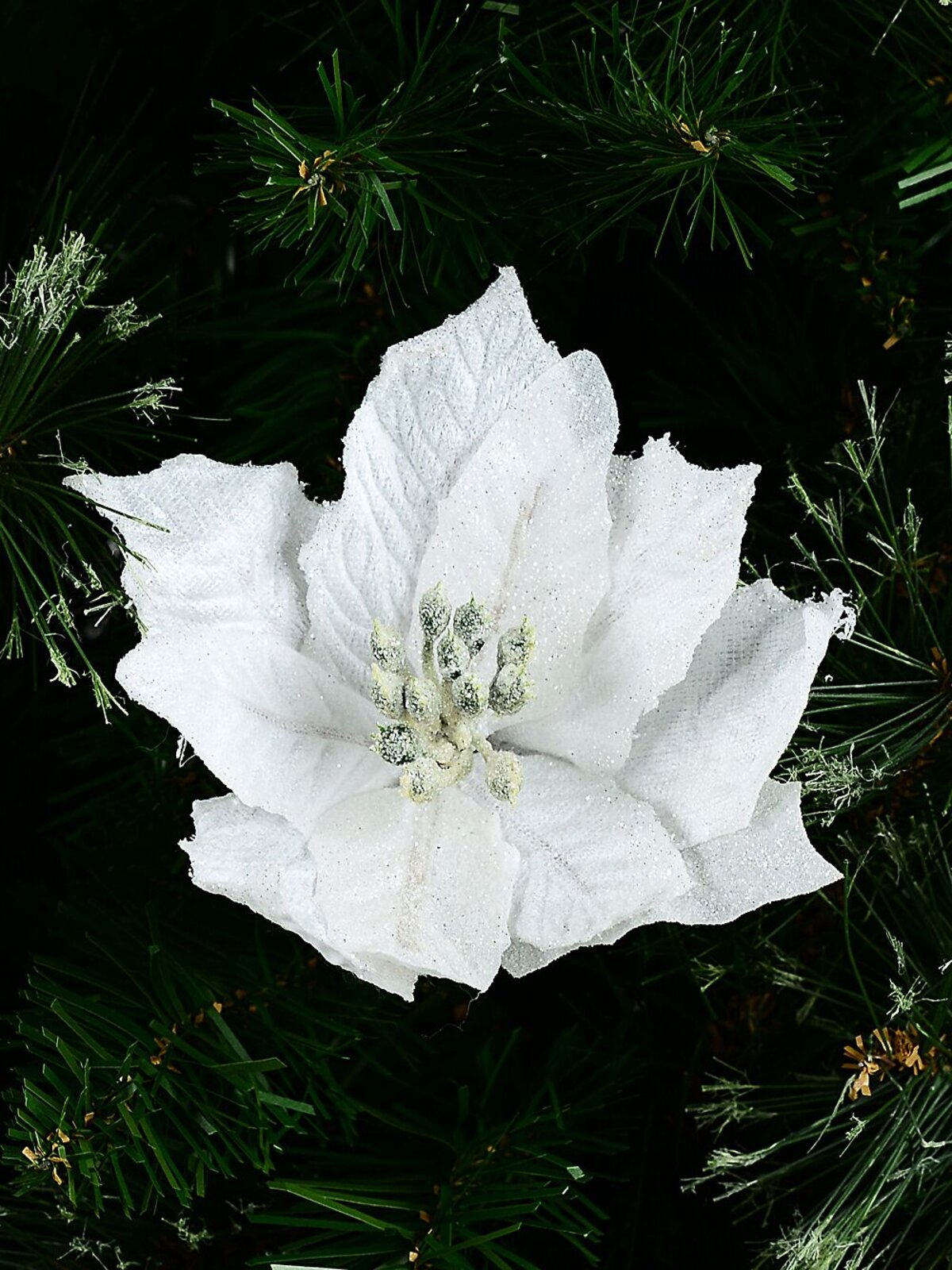 White Fabric & Glitter Bracts Poinsettia Christmas Tree Stem Pick | 14cm — image 2