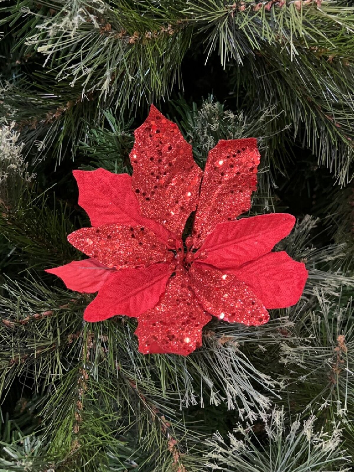 Red Fabric & Glitter Bracts Poinsettia Christmas Tree Stem Pick | 15cm — image 2