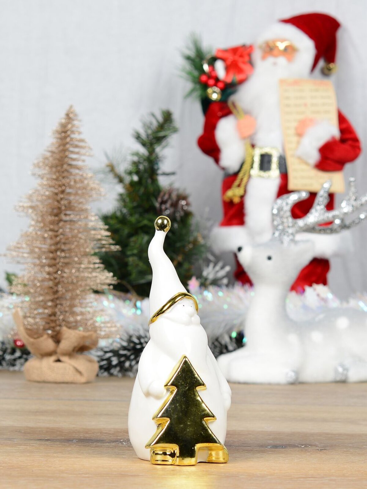 15cm White Winter Santa With Gold Tree Ceramic Ornament — image 2