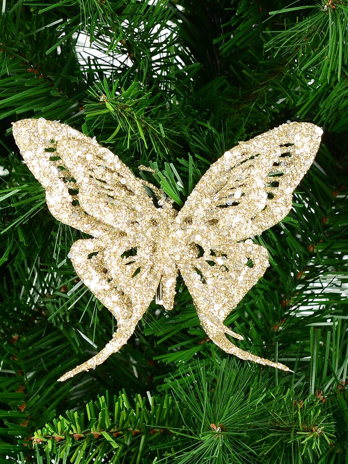 16cm Champagne Butterfly With Glitter & Flecks Christmas Tree Clip Pick — image 2