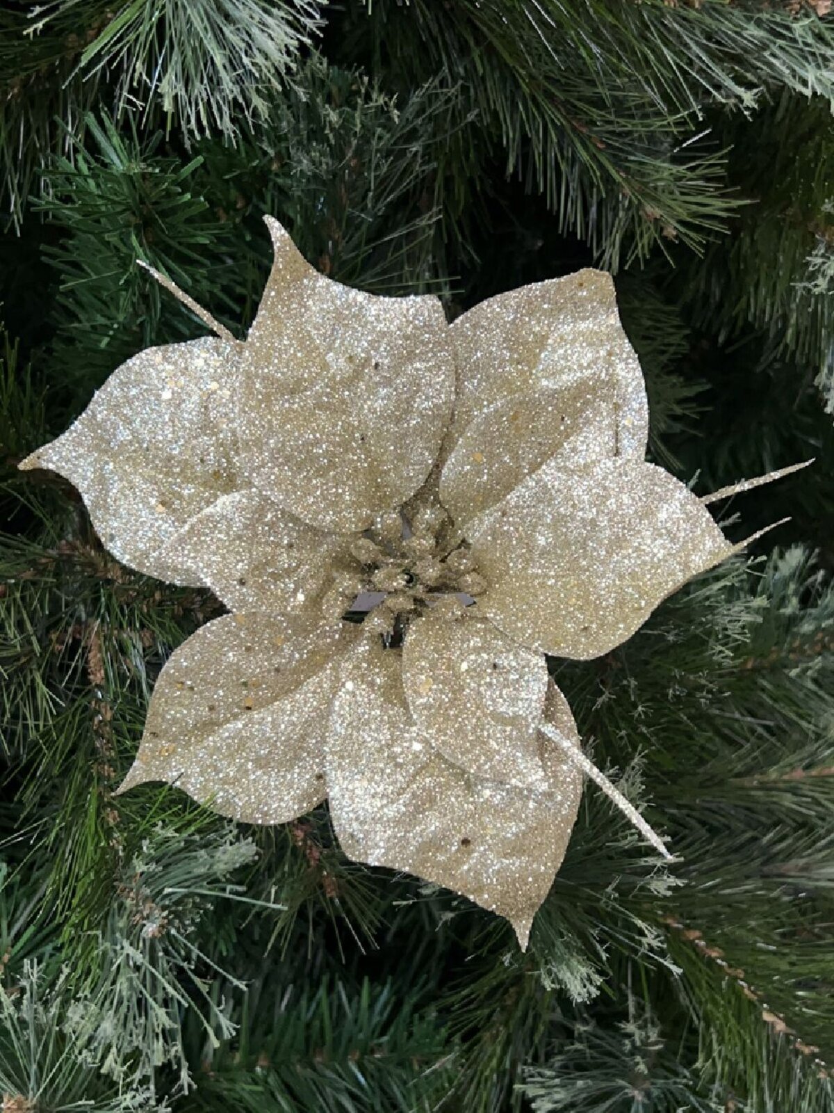 Champagne Gold Glitter Poinsettia Christmas Tree Stem Pick | 17cm — image 2