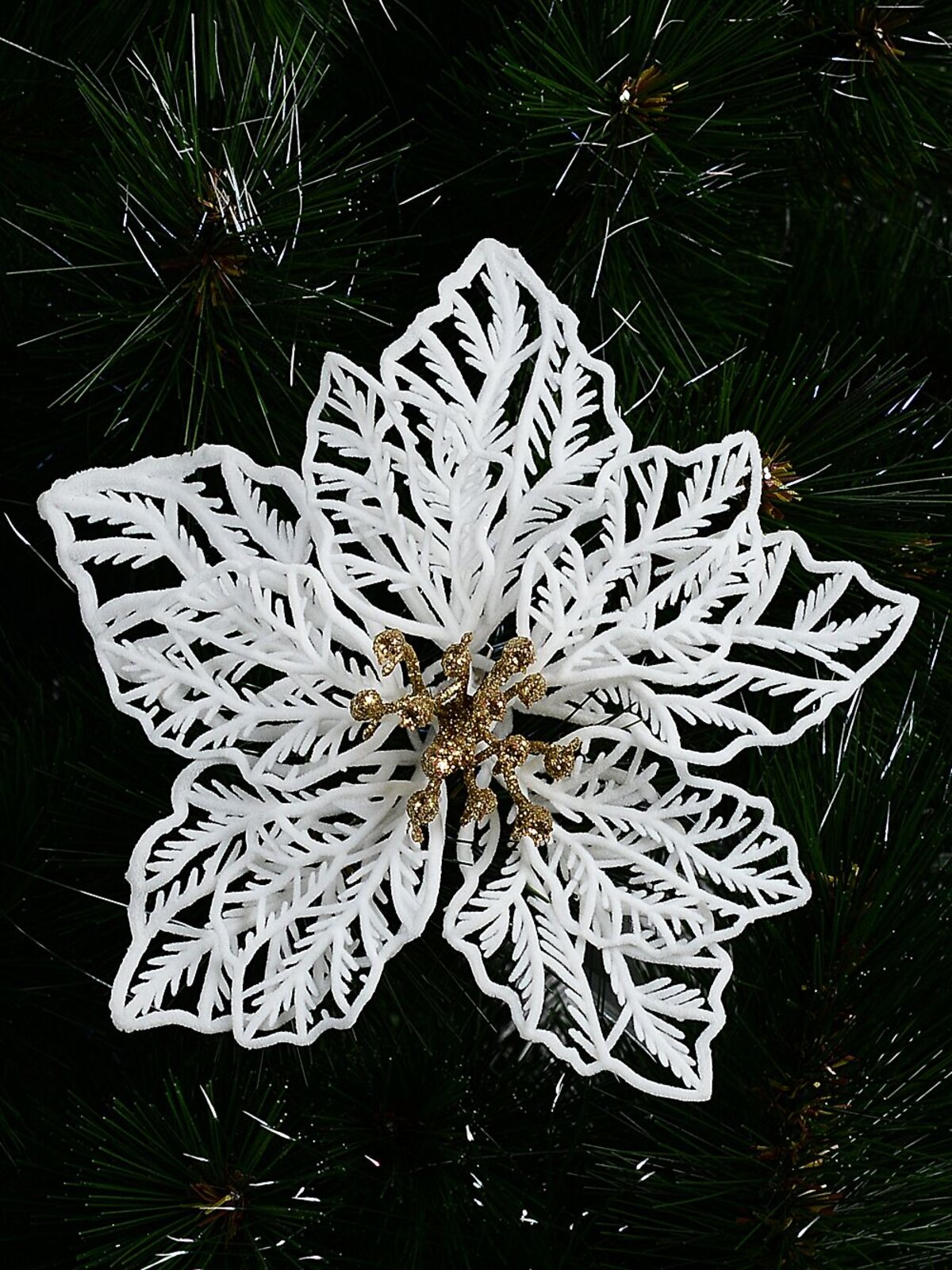White Bract Vein Silhouette Poinsettia Christmas Tree Clip Pick | 17cm — image 2