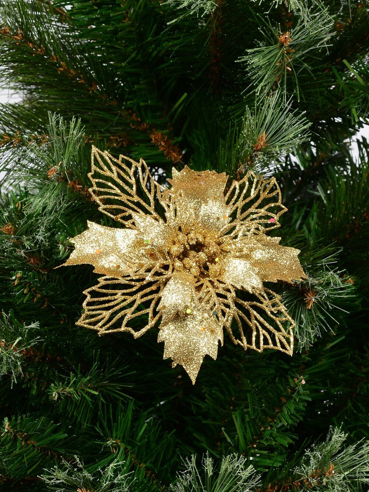 Gold Bract & Leaf Poinsettia Christmas Tree Clip Pick | 18cm — image 2