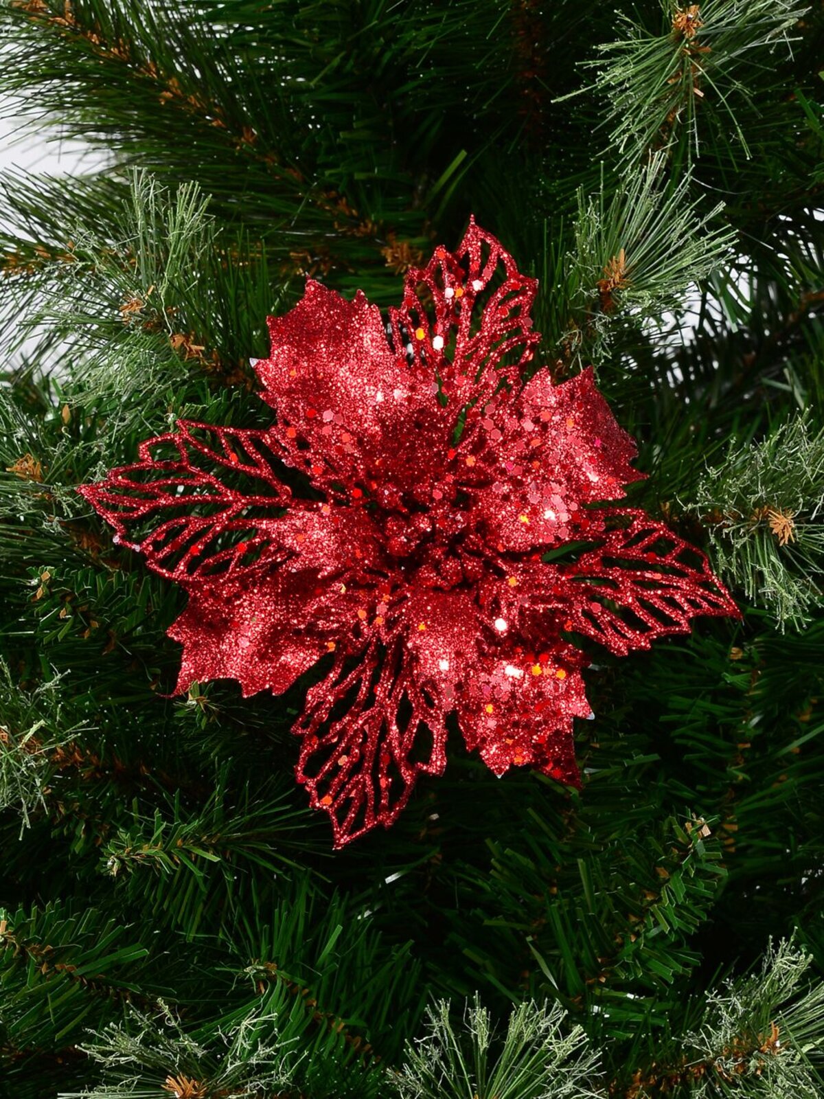 Red Poinsettia Bract & Leaf Christmas Tree Clip Pick | 18cm — image 2