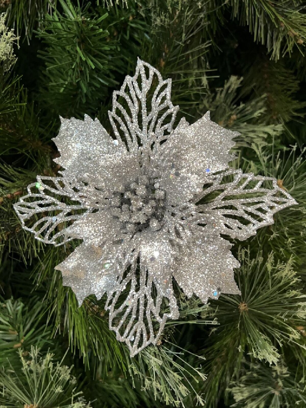 Silver Poinsettia Bract & Leaf Christmas Tree Clip Pick | 18cm — image 2