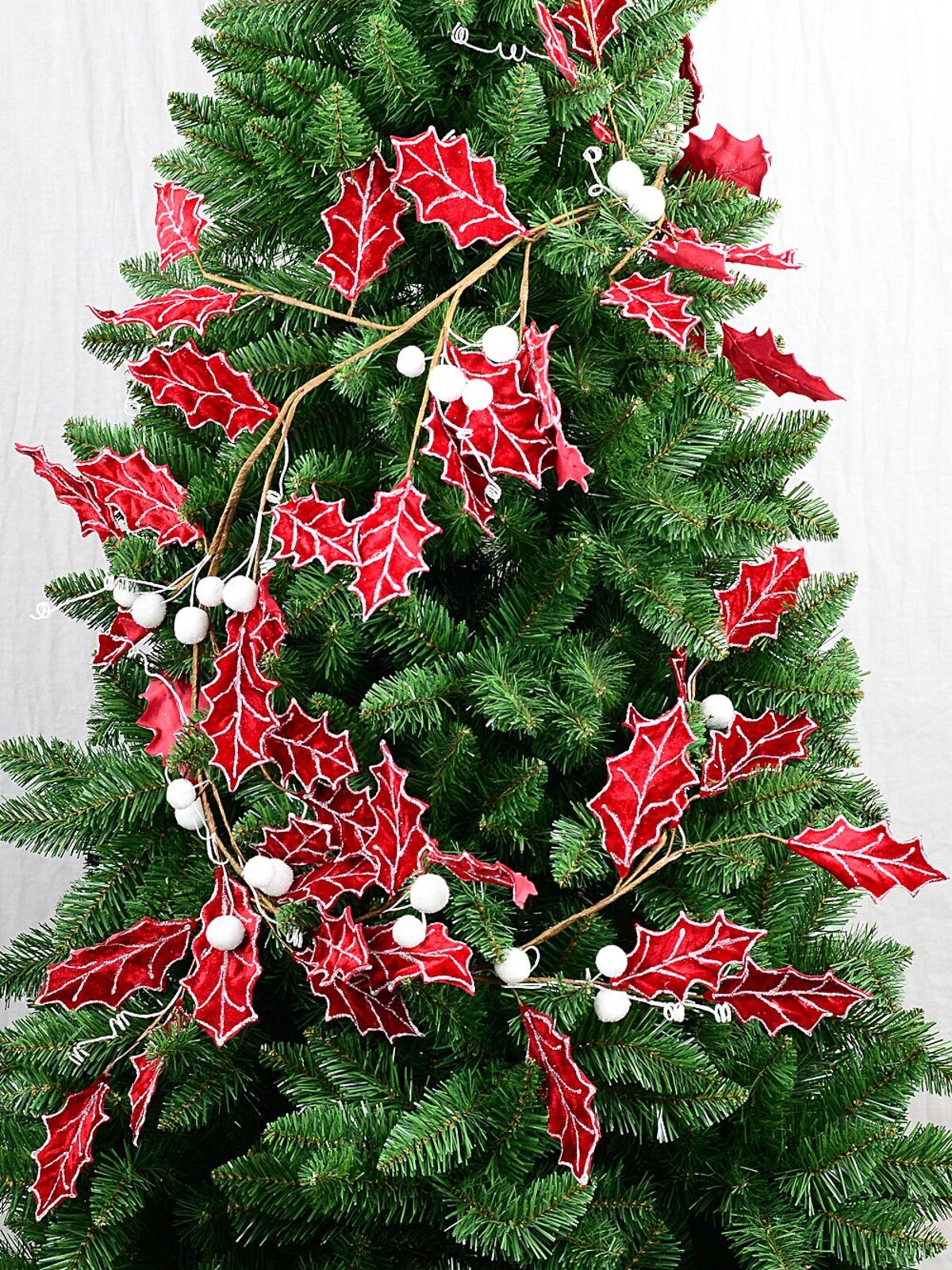 1.8m Red Velvet Holly Leaf Christmas Vine Garland | Silver Glitter & Snow Berries — image 5