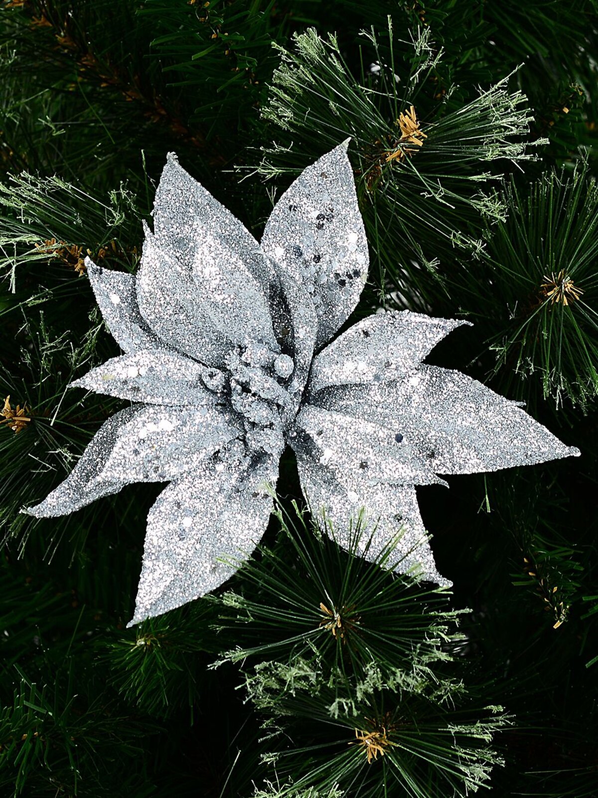 Silver Glitter & Sequin Poinsettia Christmas Tree Stem Pick | 19cm — image 2