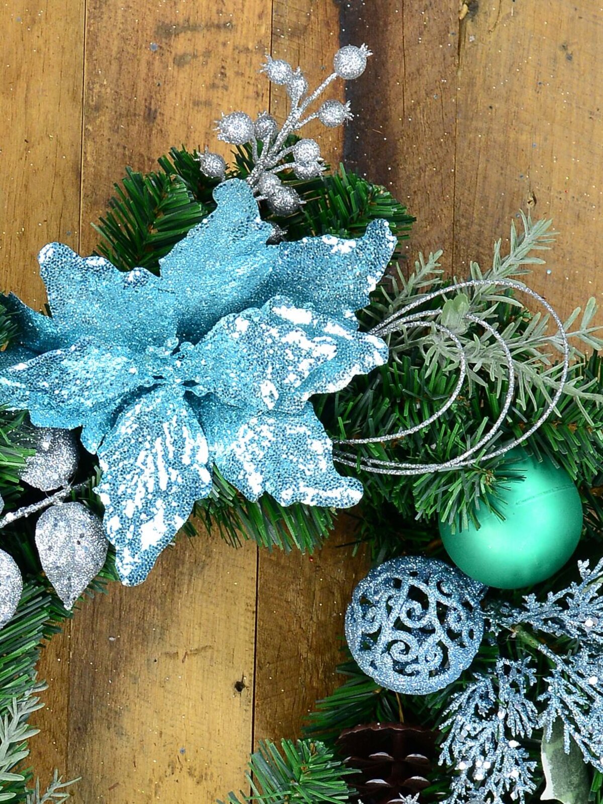 Decorated Blue Poinsettia, Pine Cone, Foliage & Baubles Pine Wreath - 45cm