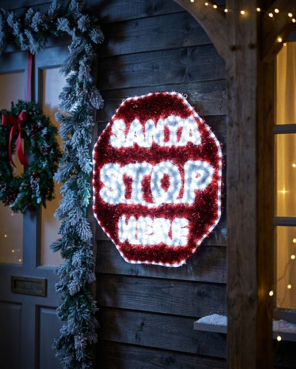 76cm Dynamic Santa Stop Here Red Tinsel Outdoor LED Christmas Light Display — image 4