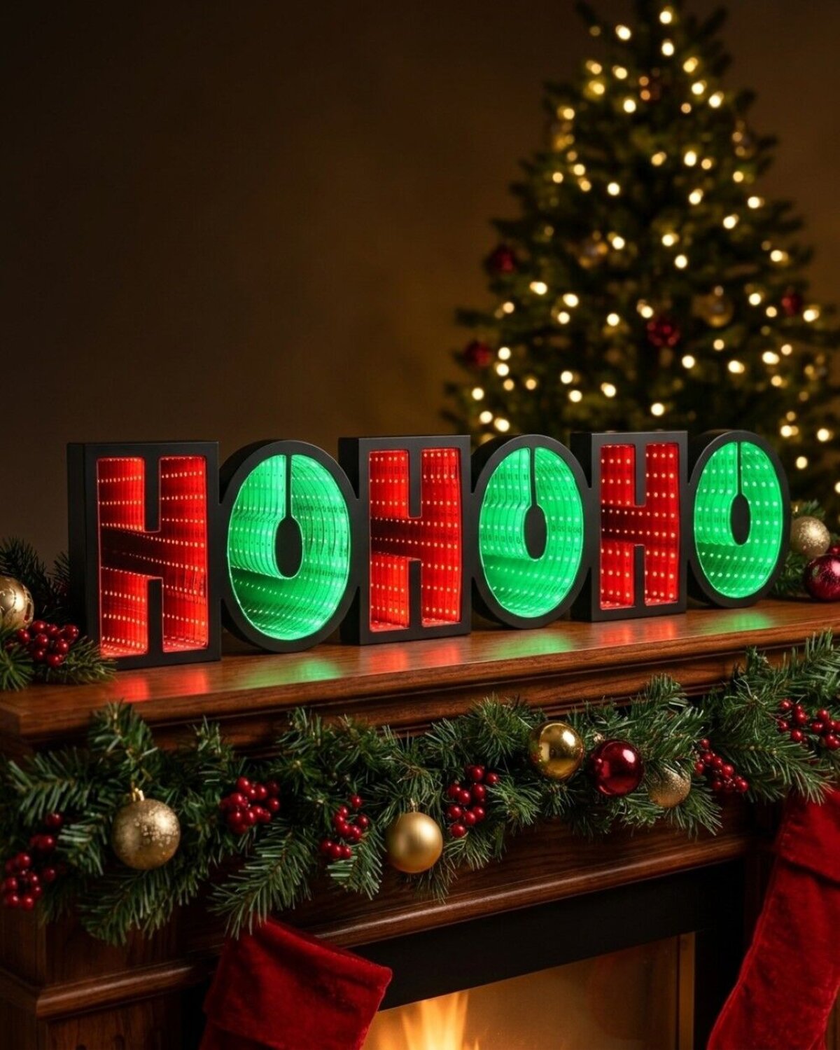 60cm Outdoor HO HO HO Infinity Mirror Red & Green LED Light Display — image 2