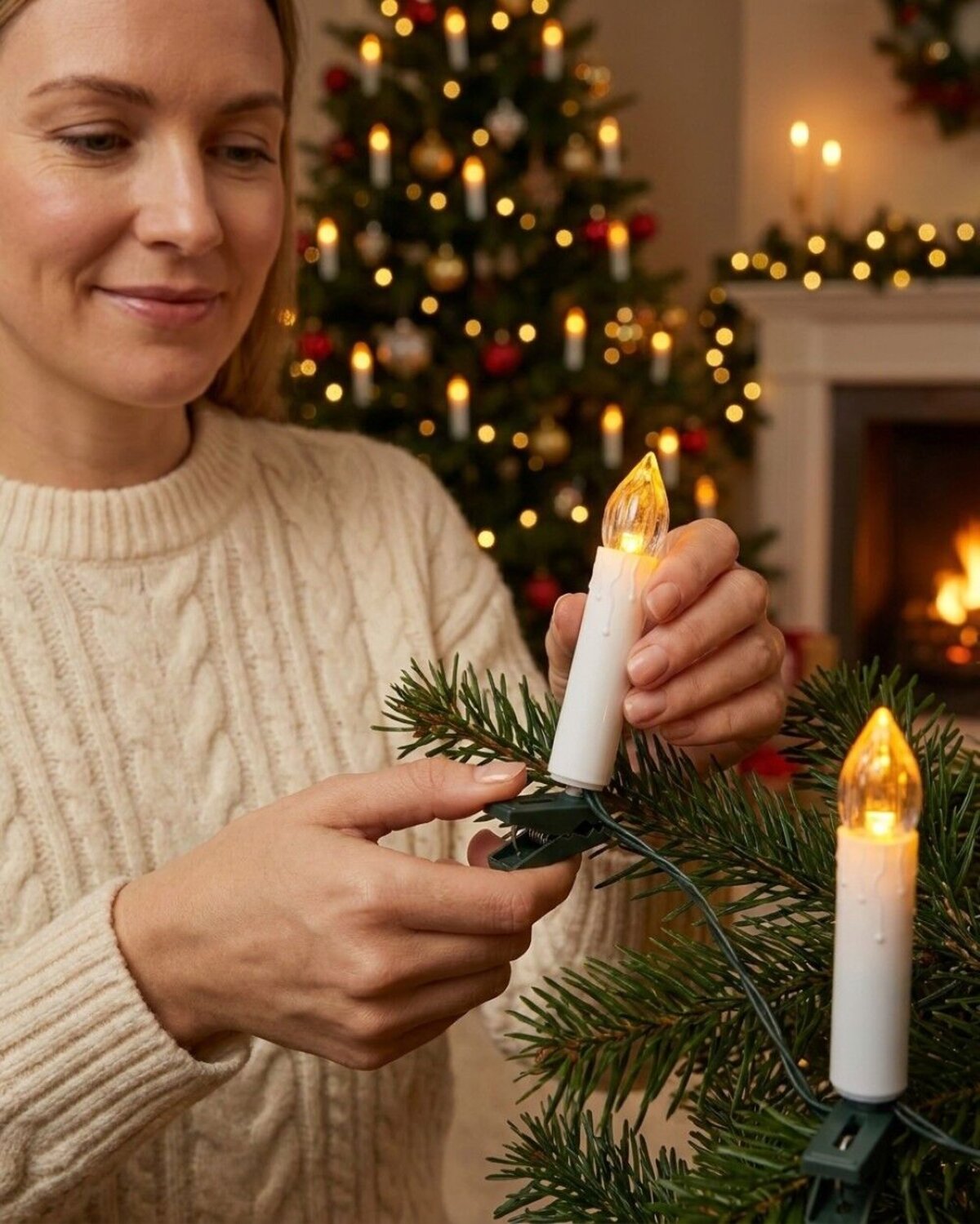 50 Warm White LED Static Flame White Christmas Candles With Clips | 4m — image 3