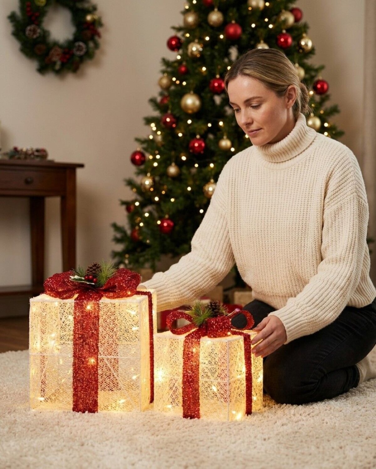 White Glitter Mesh 3D Gift Box LED Display Set | 25cm & 20cm — image 3