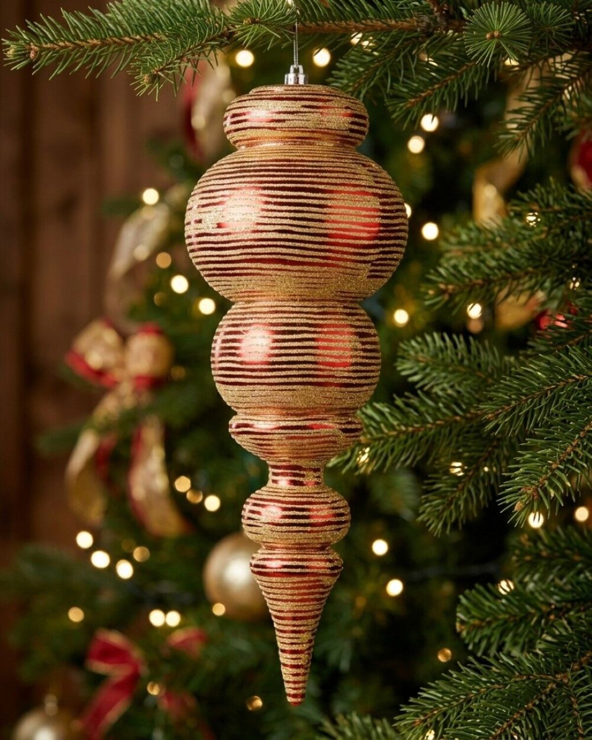 Apple Red & Gold Glitter Striped Large Display Ellipsoid Finial | 55cm — image 2