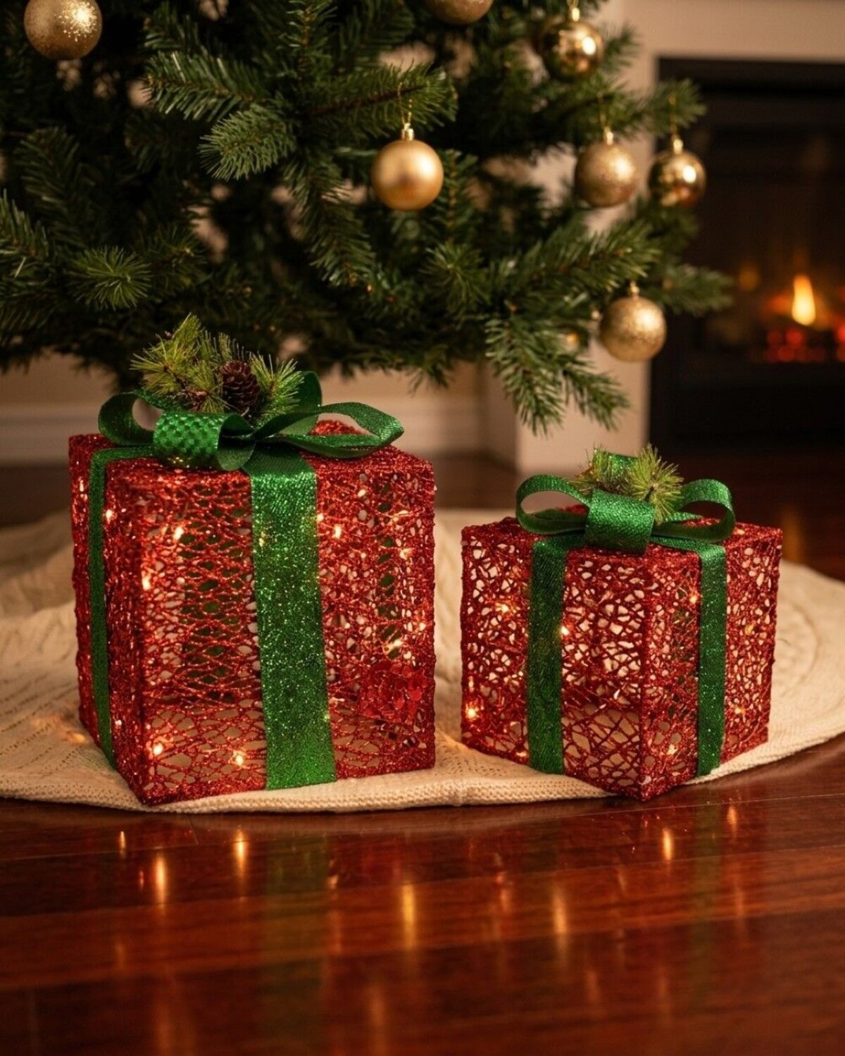 Red Glitter Mesh 3D Gift Box LED Display Set | 25cm & 20cm — image 4