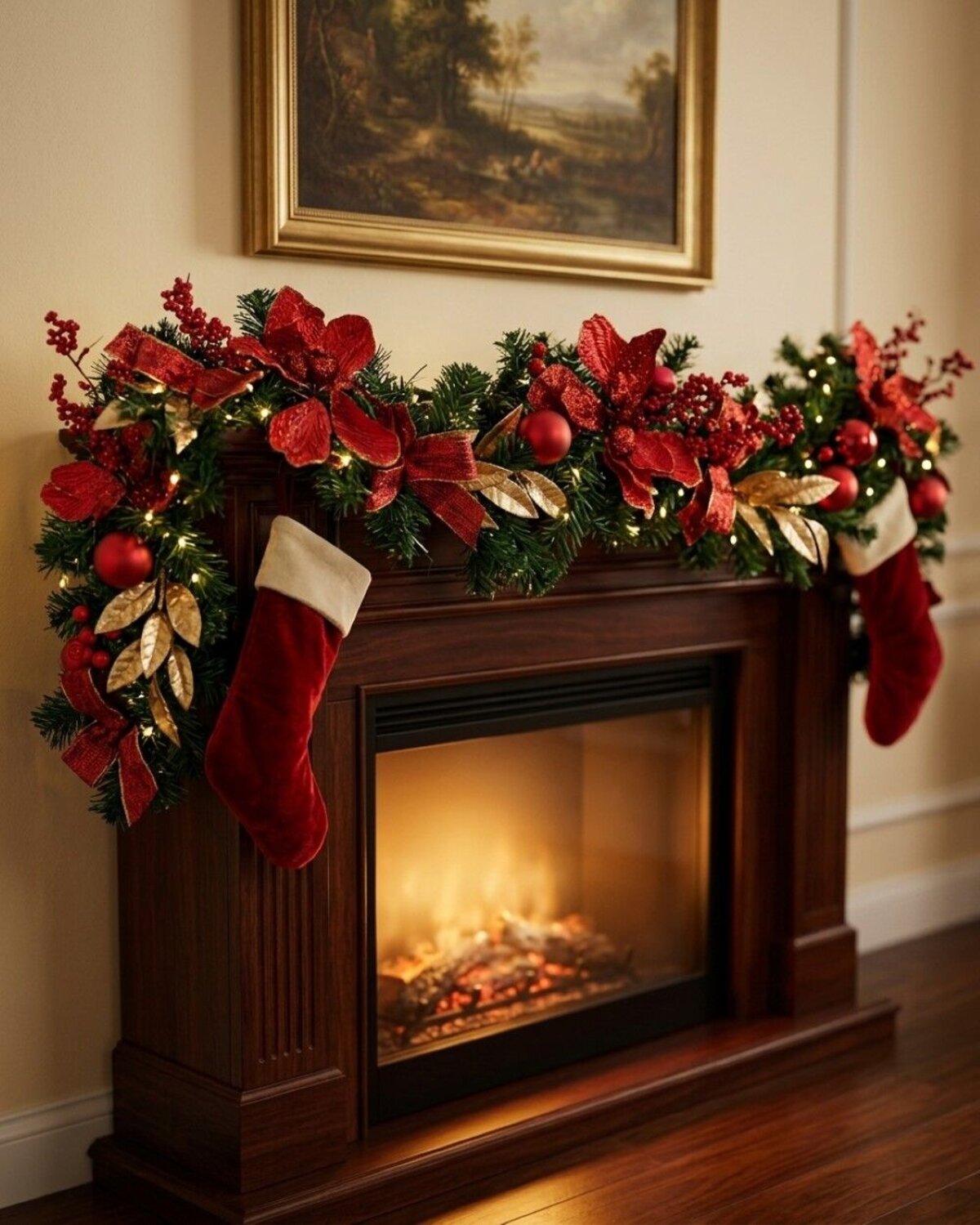 1.8m Decorated Red Poinsettia & Berry Garland | Gold Leaves & Baubles — image 2