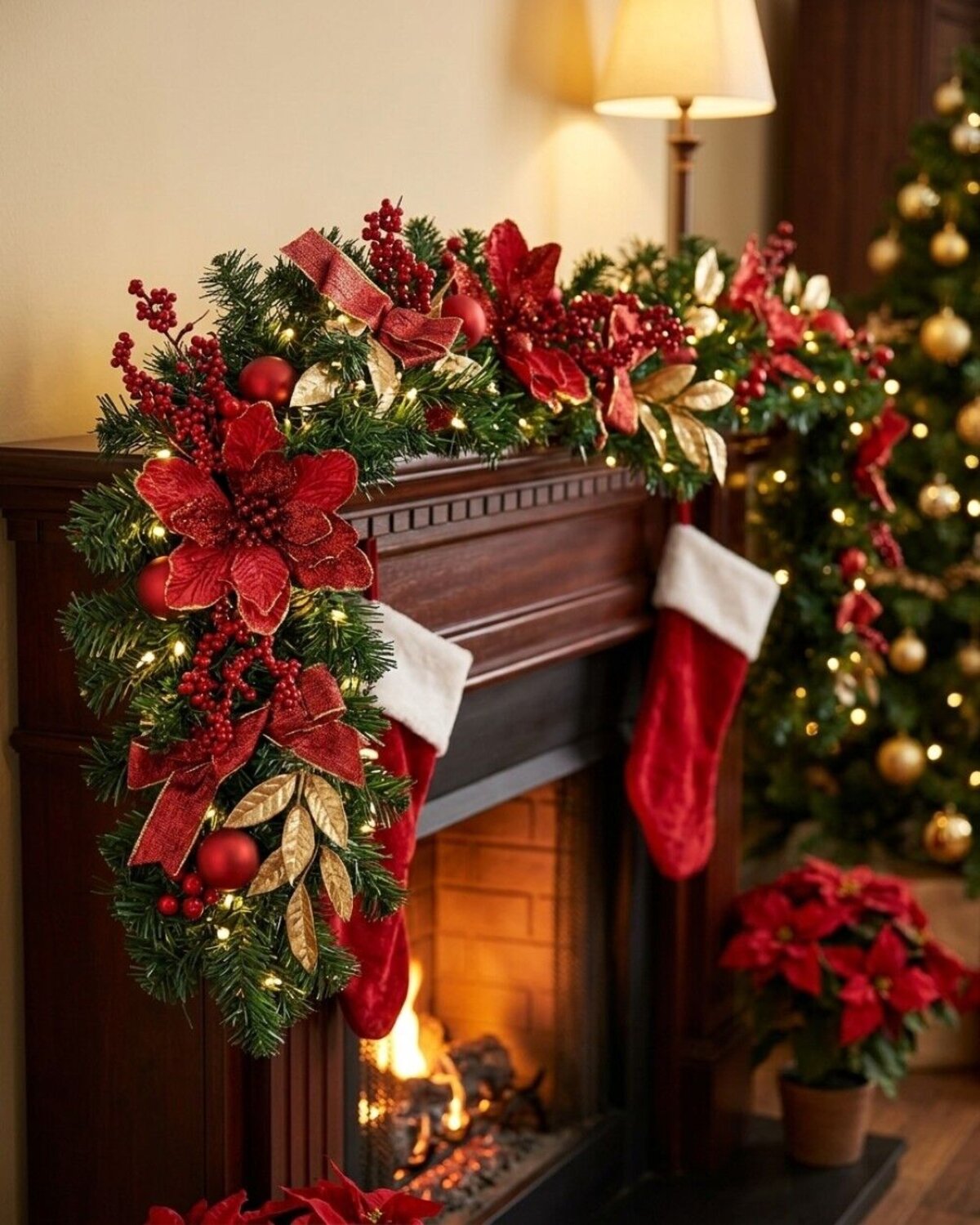 1.8m Decorated Red Poinsettia & Berry Garland | Gold Leaves & Baubles — image 4
