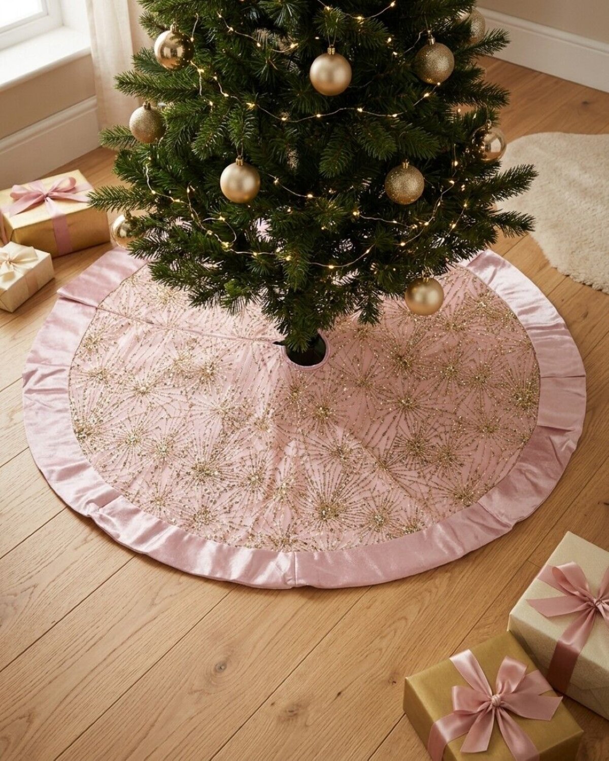 1.2m Pink Satin & Gold Sequin Starburst Christmas Tree Skirt — image 4