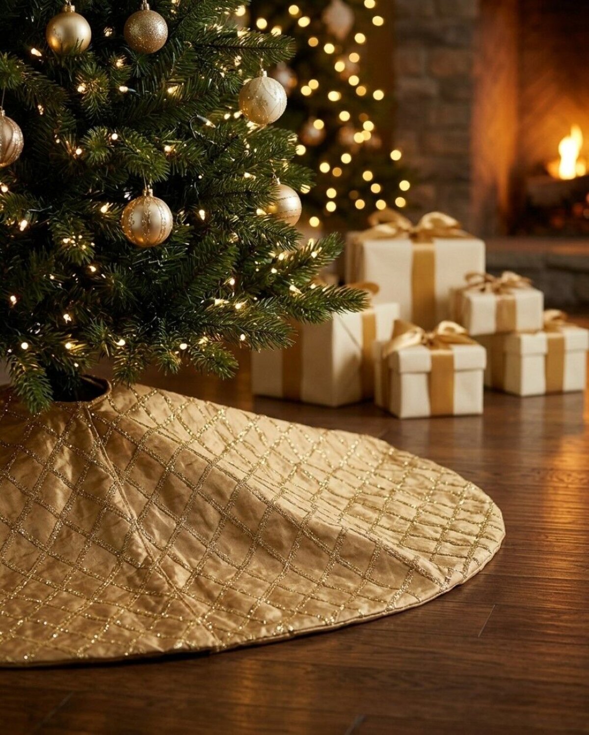 1.2m Gold Silk & Metallic Tinsel Ribbon Lattice Christmas Tree Skirt — image 2