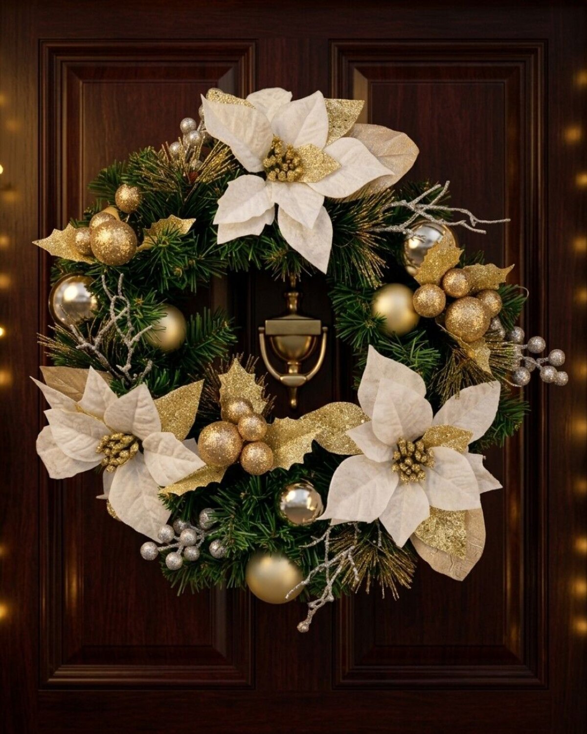 45cm Christmas Wreath With White Poinsettia, Mistletoe, Berries & Gold Baubles — image 2