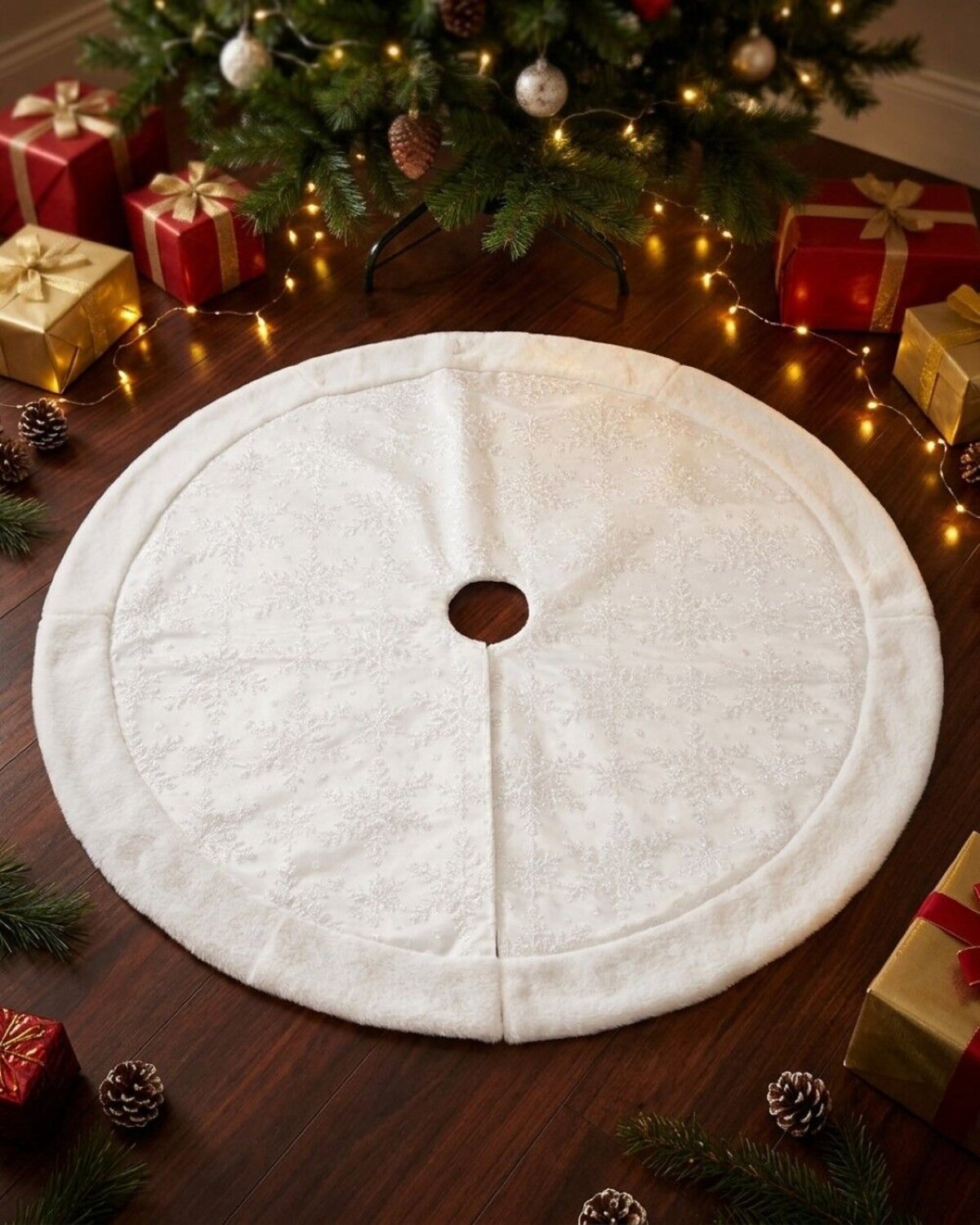 1m White Sheer Organza & Iridescent Snowflake Christmas Tree Skirt — image 2
