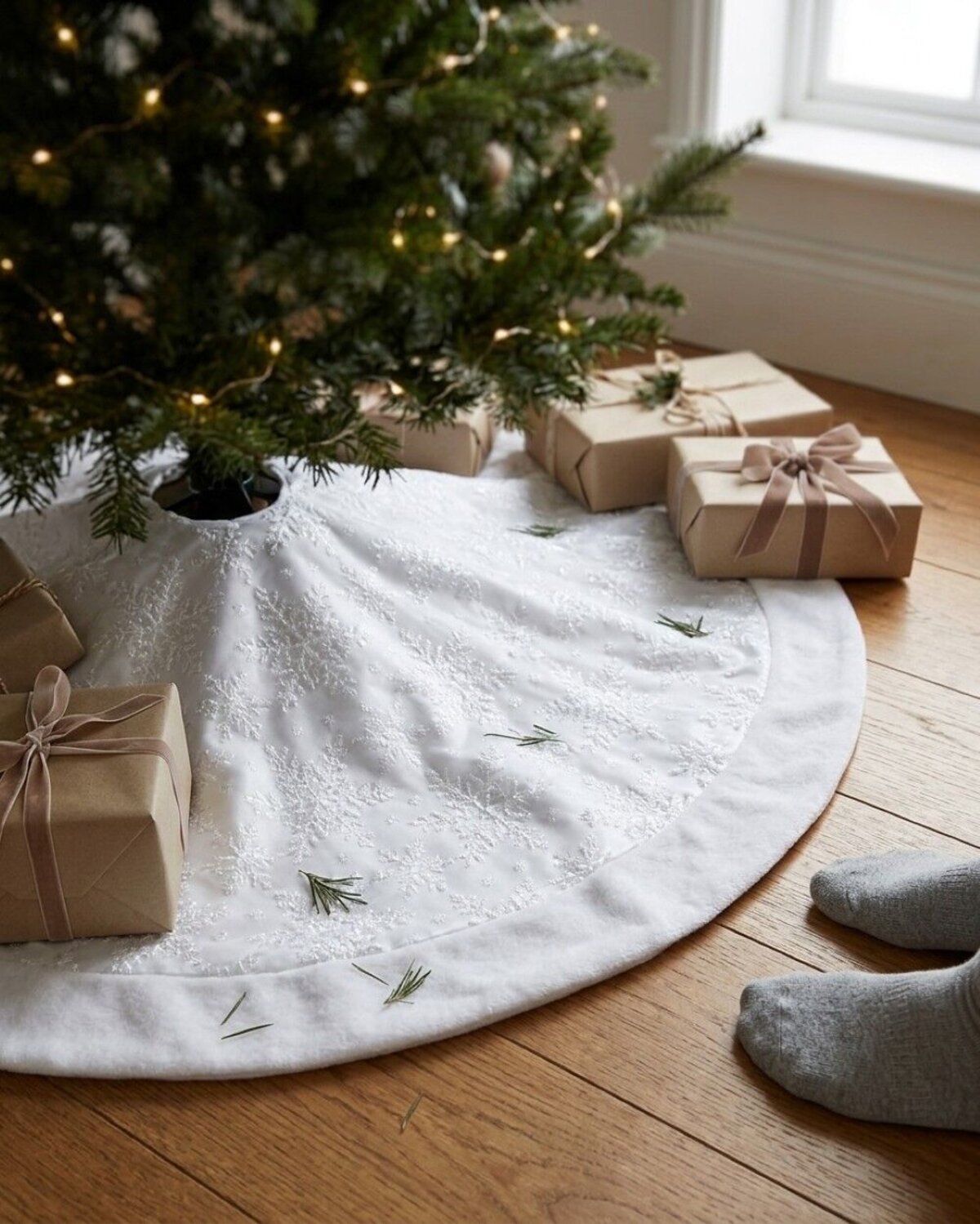 1m White Sheer Organza & Iridescent Snowflake Christmas Tree Skirt — image 4