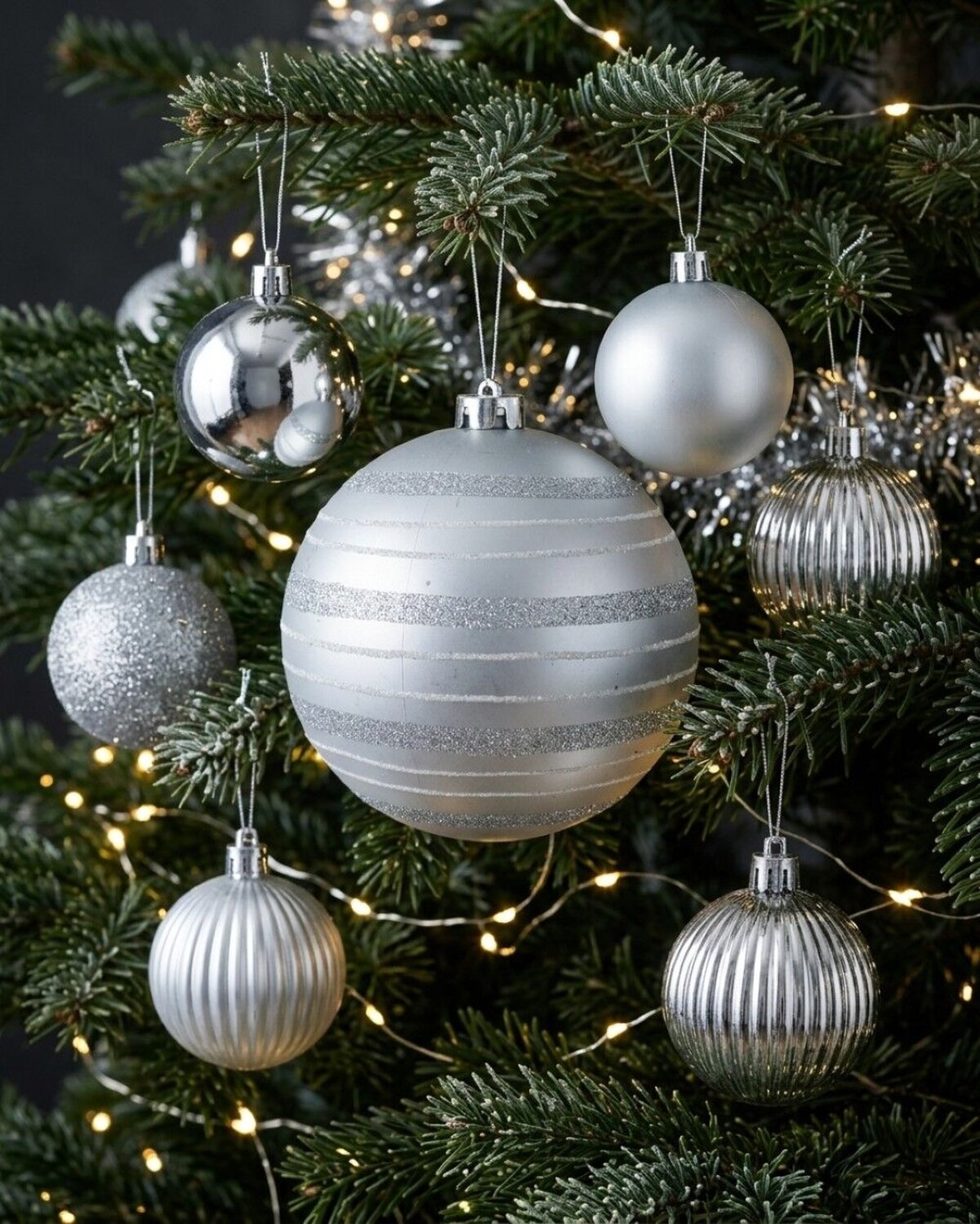 32x Lustrous Silver Essential & Grand Mixed Finish Baubles | 60mm & 15cm — image 2