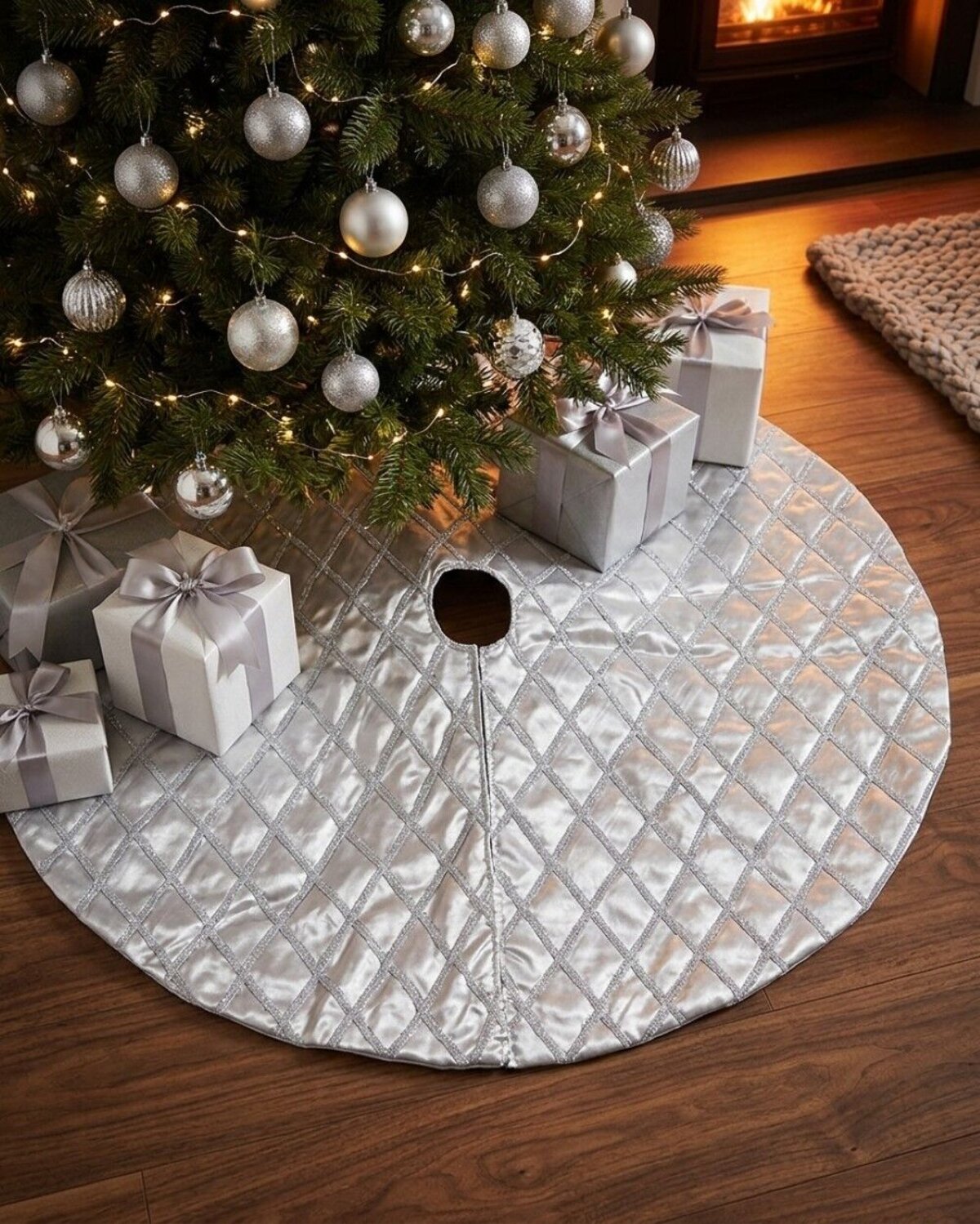 1m Silver Silk & Metallic Tinsel Ribbon Lattice Christmas Tree Skirt — image 2