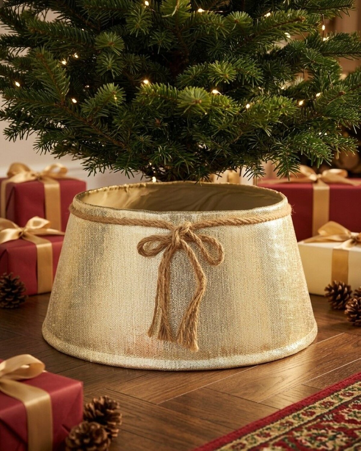 62cm Textured Gold & White Christmas Tree Collar With Rope Bow — image 2