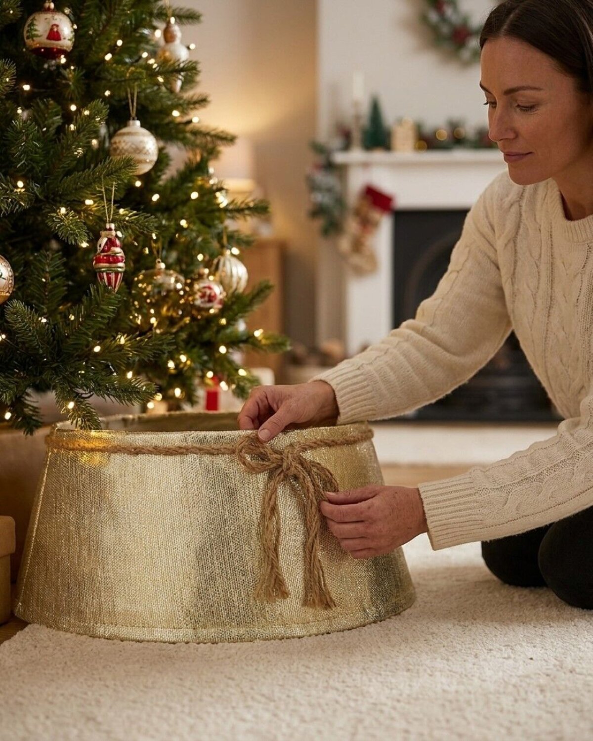 62cm Textured Gold & White Christmas Tree Collar With Rope Bow — image 3