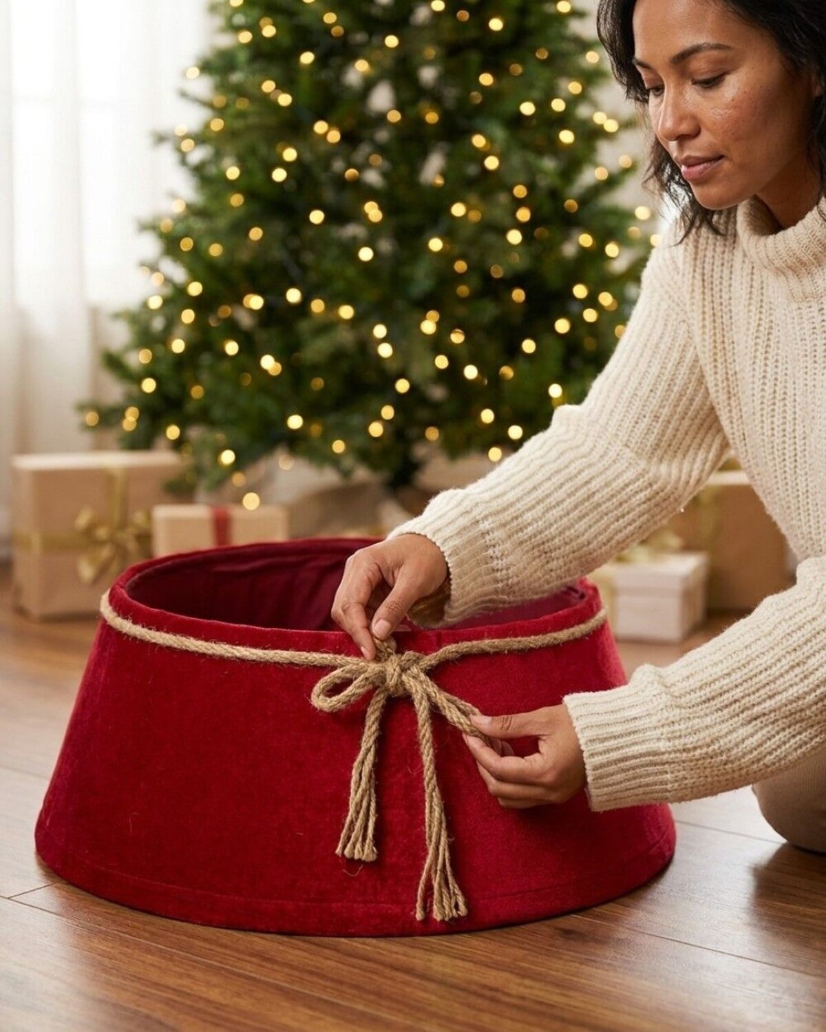 62cm Red Velvet Christmas Tree Collar With Rope Bow Knot — image 3