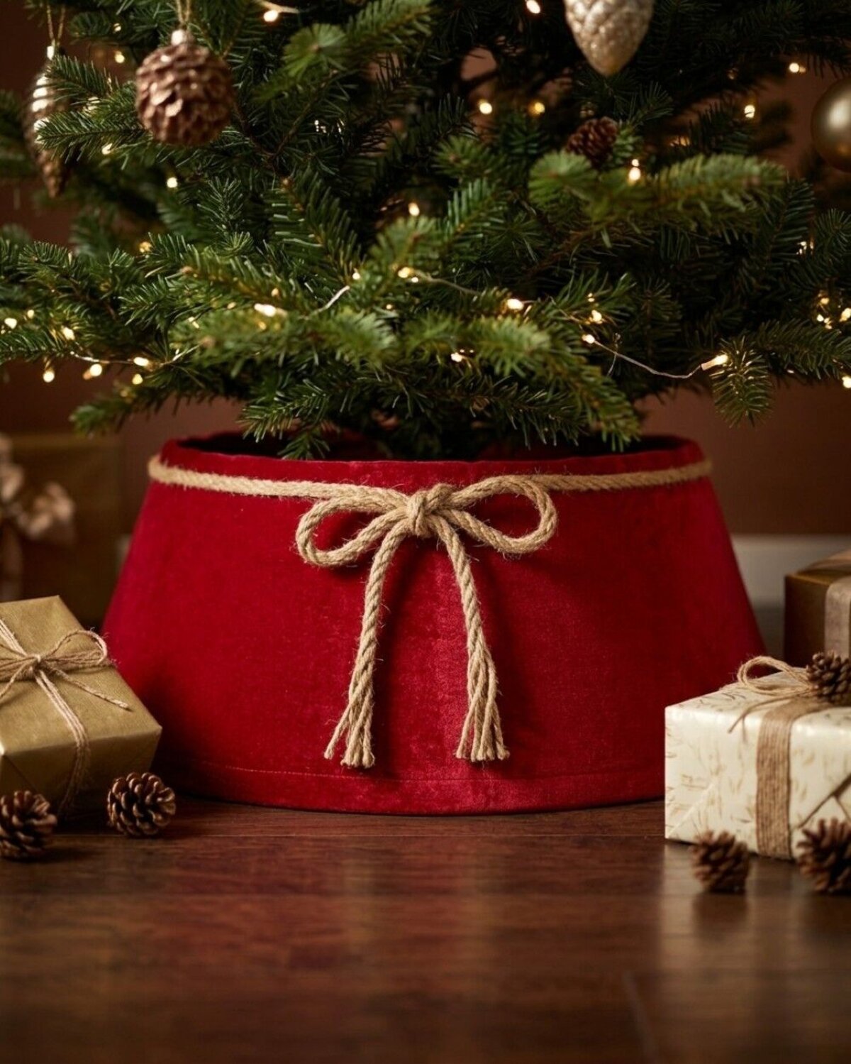 62cm Red Velvet Christmas Tree Collar With Rope Bow Knot — image 4