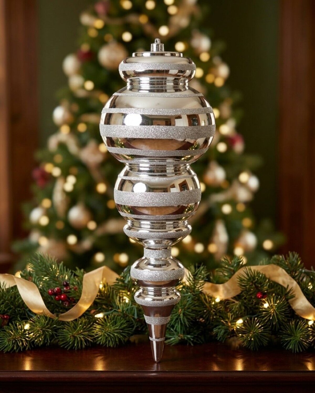 Metallic Silver Glitter Striped Large Display Ellipsoid Finial | 52cm — image 2