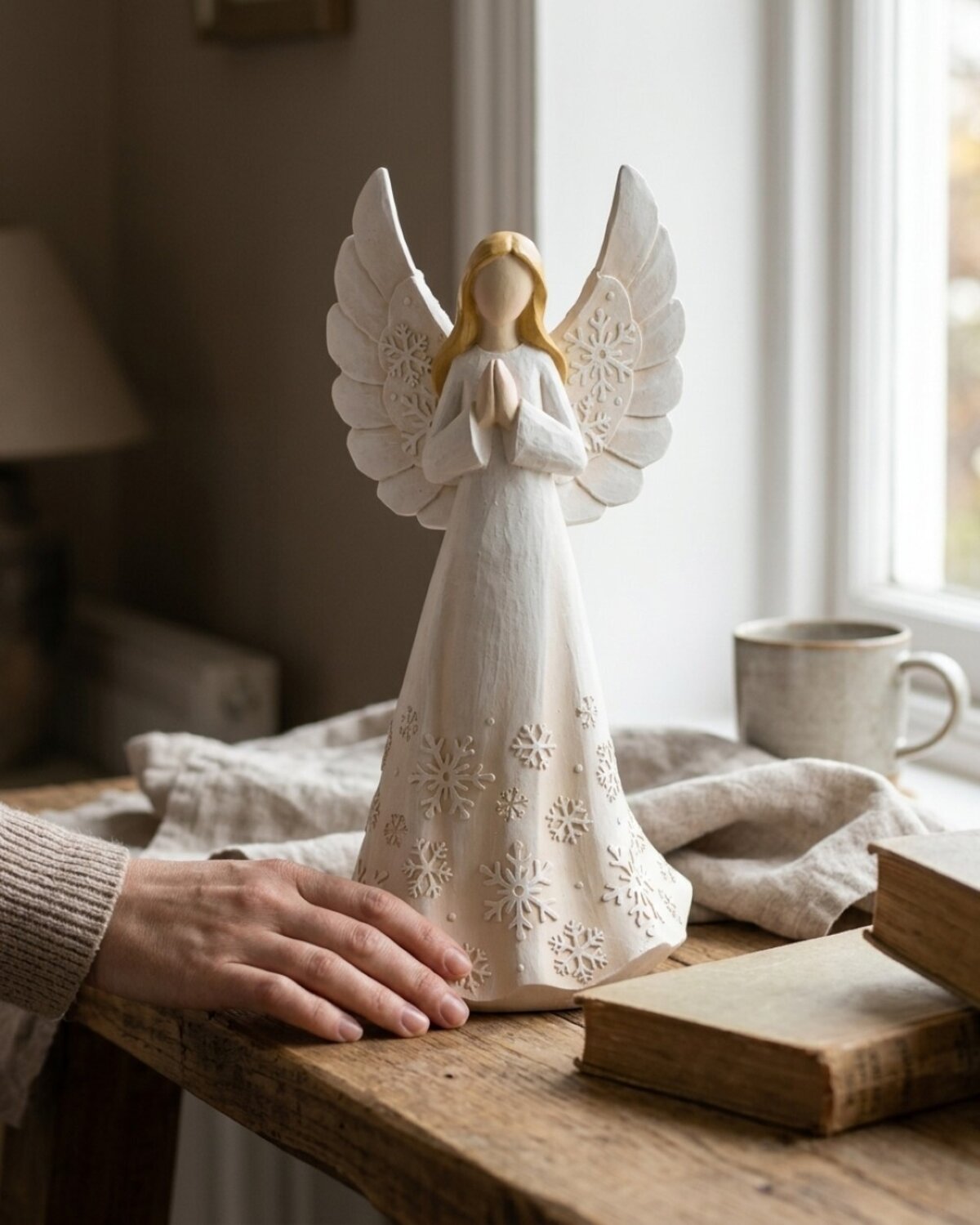 26cm Elegant Ivory Blessing Angel With Embossed Silver Snowflakes Figurine — image 4